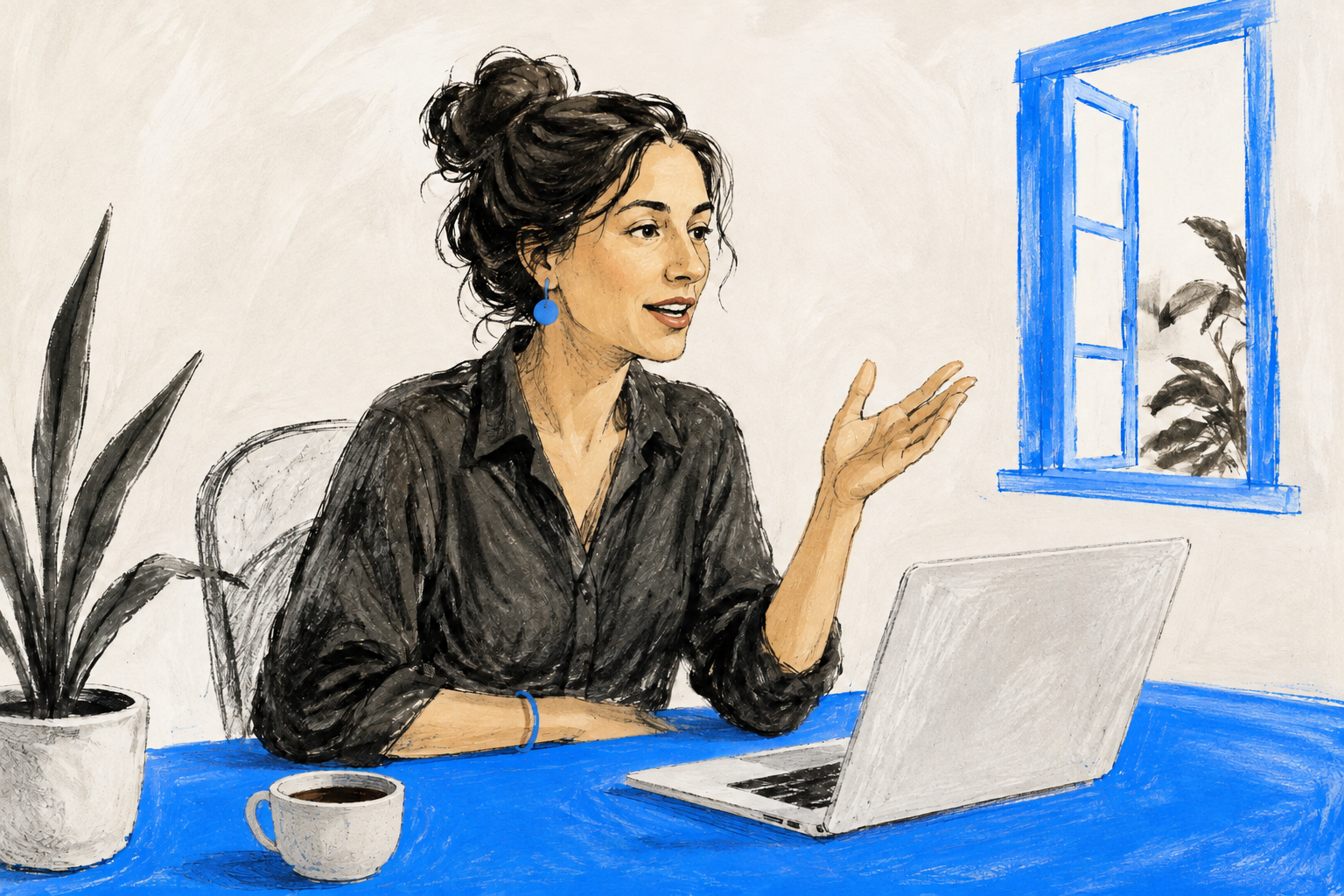 A person talking through an idea at their laptop