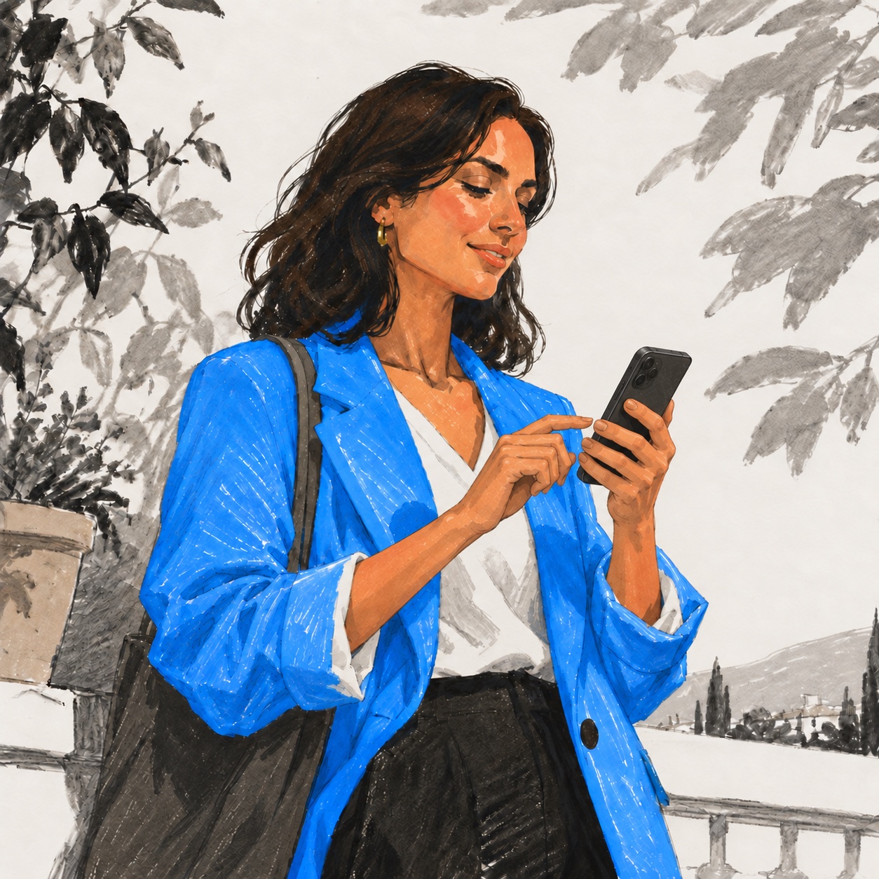A woman choosing where to use her recorded text